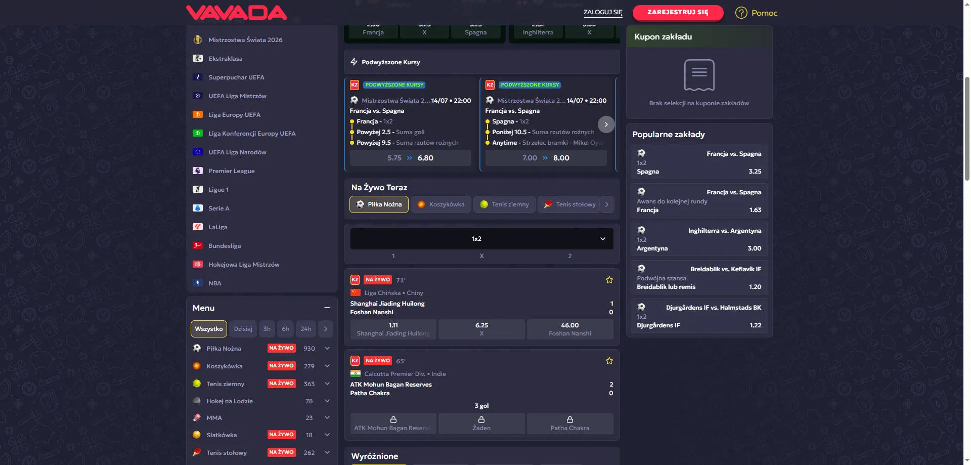 Zakłady sportowe Vavada Casino – piłka nożna, esport i live betting
